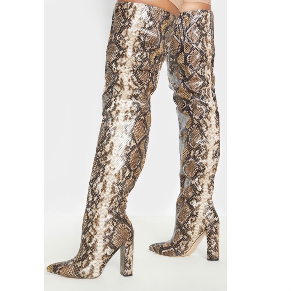Thigh High Snake Print Point Block Heels